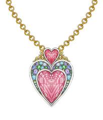 Jewelry design fancy mix vintage heart pendant hand drawing and painting on paper.