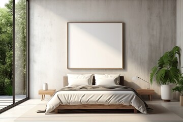 Mock up for poster, artwork frame in minimalist bedroom interior background, cement wall