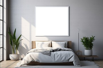 Mock up for poster, artwork frame in minimalist bedroom interior background, cement wall