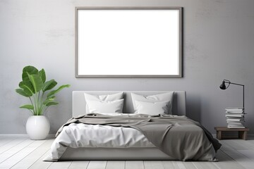 Mock up for poster, artwork frame in minimalist bedroom interior background, cement wall