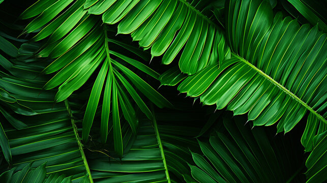 tropical green palm leaves background warm summer light 