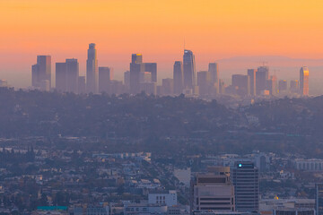 Los Angeles City Skyline view from afar of Downtown with mountains