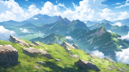  landscape countryside cartoon scene background. panoramic view on the top of mountain on sunny day. generative AI © piggu