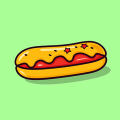 Hot dog vector illustration, cartoon style isolated on green background.