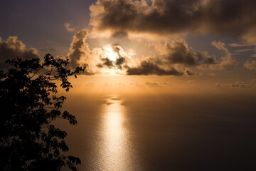 Sunset over the sea, view from the mountain