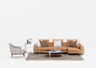 Brown leather sofa and table isolate on white back ground, 3d remder
