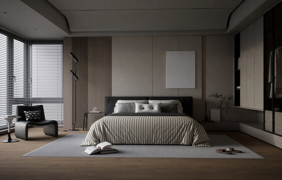 Modern bedroom with bed and decor items, 3d render