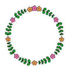 Round frame illustration with hand drawn flowers and leaves.