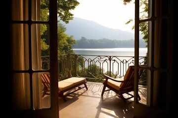 photo of traditional hotel balcony with lake view Photography AI Generated
