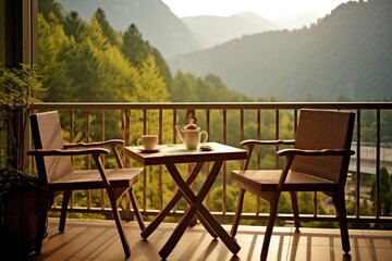 photo of traditional hotel balcony with montain view Photography AI Generated