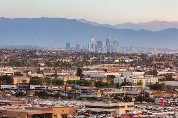Los Angeles City Skyline view from afar of Downtown with mountains