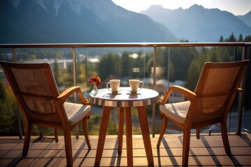 Fototapeta na wymiar photo of traditional hotel balcony with montain view Photography AI Generated