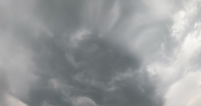 Dark stormy clouds gathering in the sky. Raindrops falling on the camera. View from below. Timelapse.