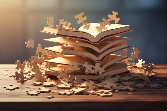 puzzle pieces moving up from a book. Dyslexia concept 