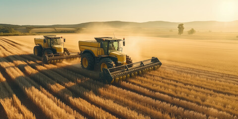 Large powerful rural tractor advancing through wheat plantations for high productivity harvest....