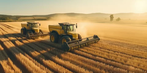 Papier Peint photo Tracteur Large powerful rural tractor advancing through wheat plantations for high productivity harvest. Generative AI.