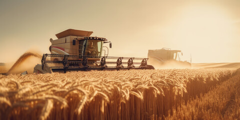 Fototapeta premium Large powerful rural tractor advancing through wheat plantations for high productivity harvest. Generative AI.