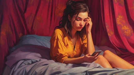 Obraz premium Unhappy teen girl sitting on her phone. genarative AI.