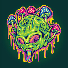 Cosmic trippy head alien in outer space vector illustrations for your work logo, merchandise t-shirt, stickers and label designs, poster, greeting cards advertising business company