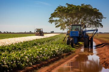Fototapeta premium Pantanal with cotton and corn cultivation areas, landscape full of rivers and exotic fauna. Generative AI.