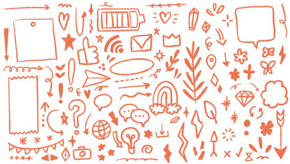 illustration set of cute doodles for daily planner, hand drawn notebook sheets and arrows. Color pencil goodnotes digital stickers, blank diary aesthetic elements isolated background. Pencil texture 2