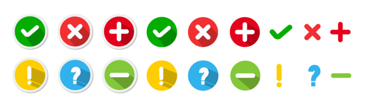 True false icon. Check mark and cross icons. Green tick symbol and red cross sign in circle