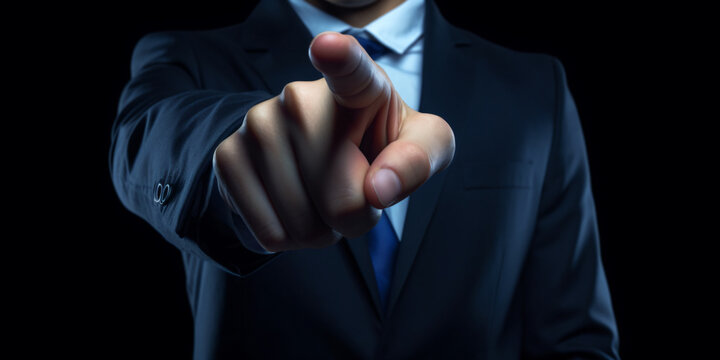 a businessman in a dark blue suit pointing his index fing - Generative AI