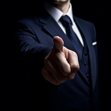 a businessman in a dark blue suit pointing his index fing - Generative AI