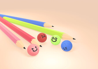 鉛筆と喜怒哀楽のカラフルボール