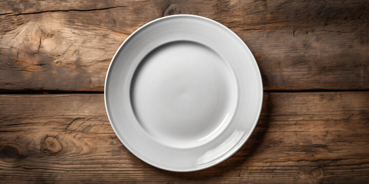 empty plate on wood table background concept image - Generative AI