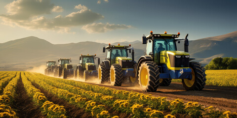 Agricultural tractors in fields of sunflowers in sowing and harvesting, ensuring production....