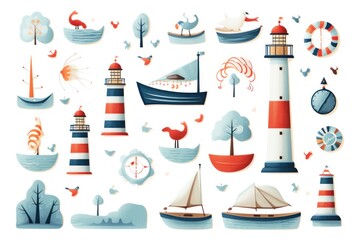 Obraz na płótnie Canvas Nautical - themed illustration for a sticker sheet. Anchors, sailboats, seashells, and lighthouses