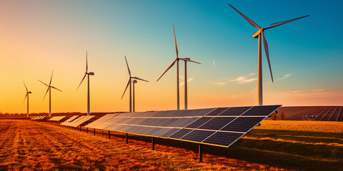 solar power plant with wind turbines at sunset under - Generative AI