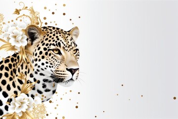 Leopard portrait with elegant fur patterns creates stunning wildlife greeting cards. Concept of wild animals and nature design.