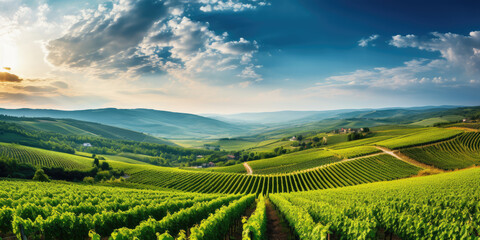 Green field with rows of vines for harvesting. Ripe grapes for the production of fine wines. Generative AI.