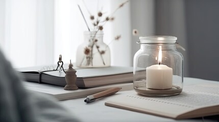 Fototapeta na wymiar Stylish workplace with candles, books and accessories on table in room 