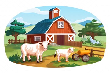 Farm scene filled with happy animals, rolling hills, and a warm sense of rural tranquility