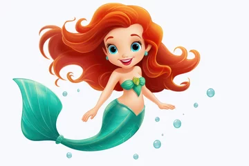 Foto op Plexiglas Cute mermaid interacts with marine life characters in an underwater fantasy world. Adorable cartoon illustration of a young girl with a tail. © Postproduction