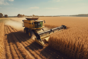 Large powerful rural tractor advancing through wheat plantations for high productivity harvest. Generative AI.