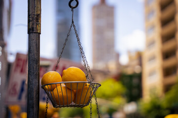 Lemons in a wire basket at the street fair 