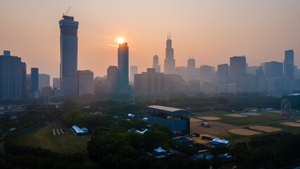 Fototapeta premium aerial drone view of the of Chicago during a time when the pollution levels in the air are toxic and not safe for citizens. the wild fires from Canada are the cause of the environmental hazard 