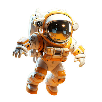 Orange toy astronaut, isolated, transparent background, floating pose.
Generative AI image.