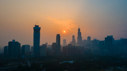 aerial drone view of the of Chicago  during a time when the pollution levels in the air are toxic...