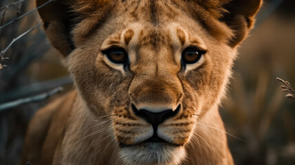 beautiful leona in its natural habitat. Close up of leona in African plain. Post-processed generative AI