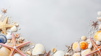 Fototapeta premium Arranged collection of seashells and starfishes. Generative AI image.