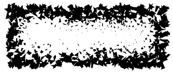 Fototapeta premium Debris and shatters in rectangle shape. Black broken pieces, specks, speckles, particles, shivers. Abstract explosion and burst textured rectangular element. Vector frame illustration 