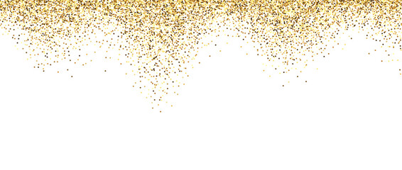 Golden glitter background. Sparkling small confetti wallpaper. Splashed gold dots texture. Wavy design element for posters, flyer, invitation, Christmas birthday decoration. Vector