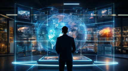 Huge hologram/virtual screen interface showing digital data,  modern computer dashboard virtual innovation, technology background. Abstract technology, futuristic concept interface hologram 