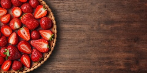 Strawberry pie cake wooden copy space background, AI Generateand