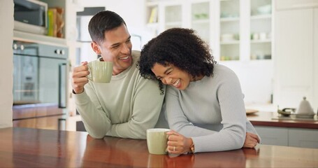 Couple, happy together and laughing with coffee in morning conversation, quality time and funny joke in home or kitchen. Drinking, tea and people dating, talking and happiness in relationship - Powered by Adobe